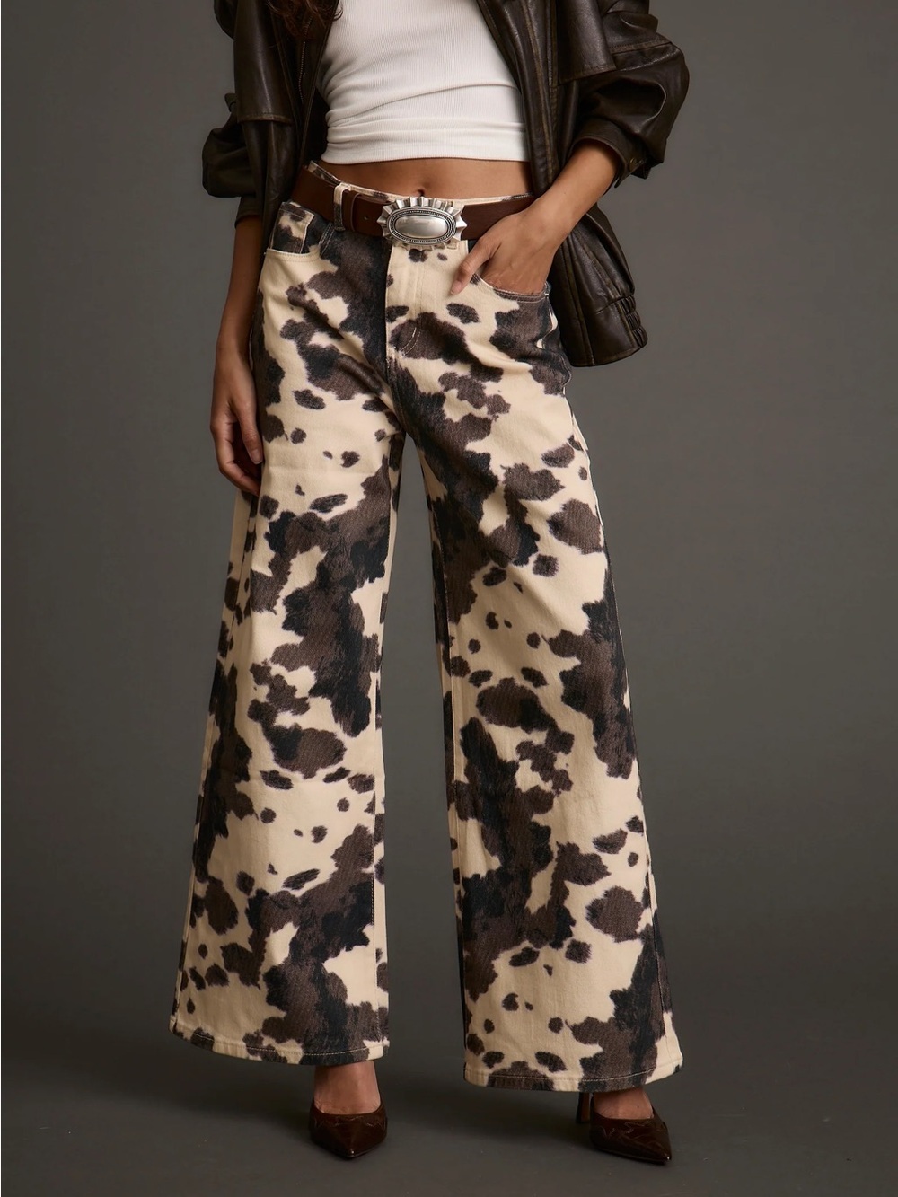 12th Tribe Midland Wide Leg Cow Print Pants in Cream & Brown